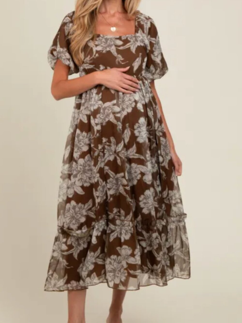 Pink Blush Brown Floral Chiffon Ruffle Hem Maternity Plus Midi Dress